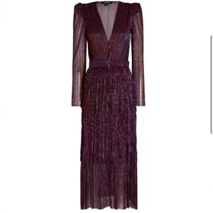 SABINA MUSAYEV Tiered Metallic Knit Midi Dress with Belt in dark Purple